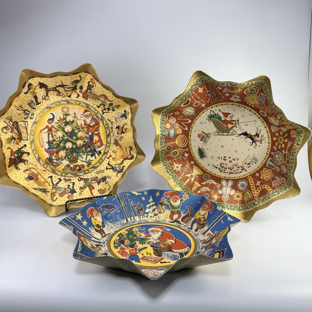 Set 3 Vtg German Paper Mache Christmas Bowls Trays Elves Santa Sleigh Tree 12"